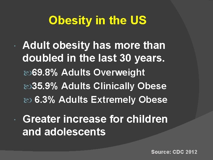 Obesity in the US Adult obesity has more than doubled in the last 30
