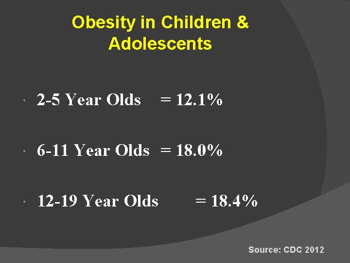 Obesity in Children & Adolescents 2 -5 Year Olds = 12. 1% 6 -11