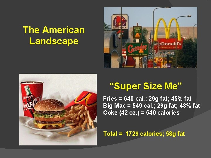 The American Landscape “Super Size Me” Fries = 640 cal. ; 29 g fat;