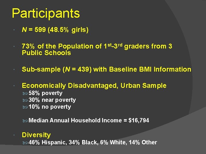 Participants N = 599 (48. 5% girls) 73% of the Population of 1 st-3