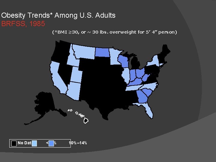 Obesity Trends* Among U. S. Adults BRFSS, 1985 (*BMI ≥ 30, or ~ 30