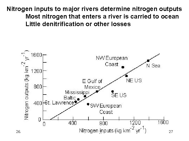 Nitrogen inputs to major rivers determine nitrogen outputs Most nitrogen that enters a river