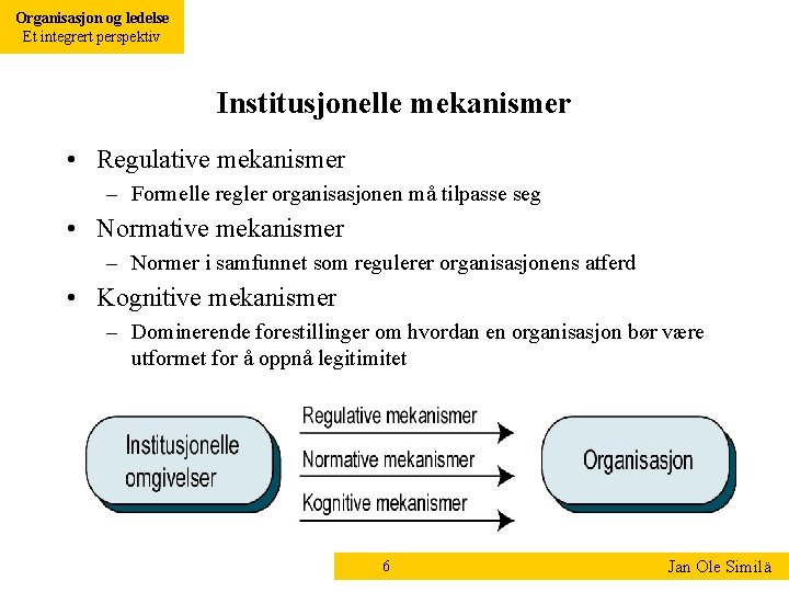 Organisasjon og ledelse Et integrert perspektiv Institusjonelle mekanismer • Regulative mekanismer – Formelle regler