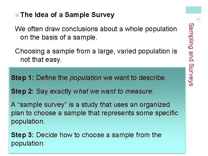 Idea of a Sample Survey Choosing a sample from a large, varied population is