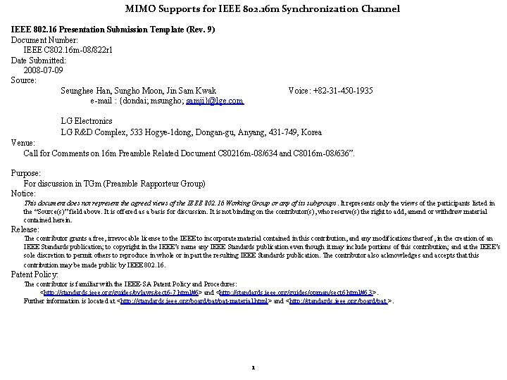 MIMO Supports for IEEE 802. 16 m Synchronization Channel IEEE 802. 16 Presentation Submission