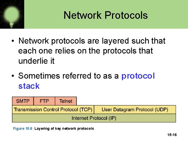 Network Protocols • Network protocols are layered such that each one relies on the