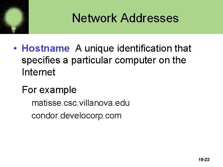 Network Addresses • Hostname A unique identification that specifies a particular computer on the