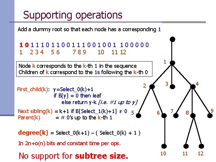 Supporting operations Add a dummy root so that each node has a corresponding 1