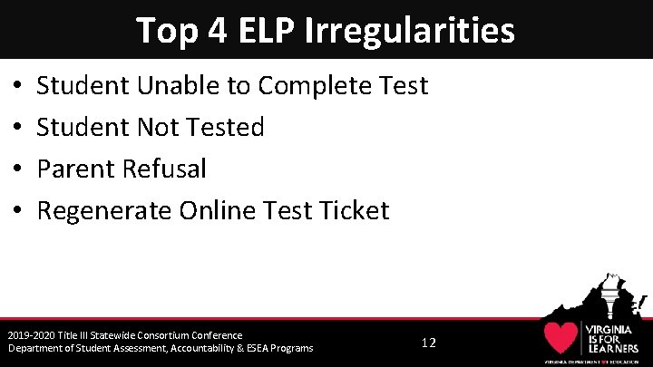 Top 4 ELP Irregularities • • Student Unable to Complete Test Student Not Tested