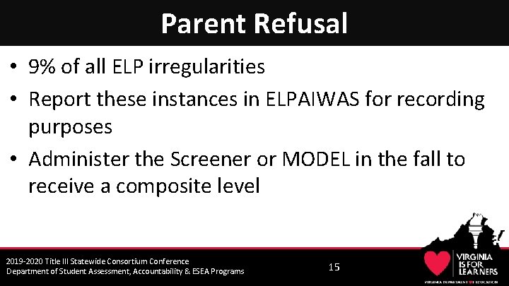 Parent Refusal • 9% of all ELP irregularities • Report these instances in ELPAIWAS