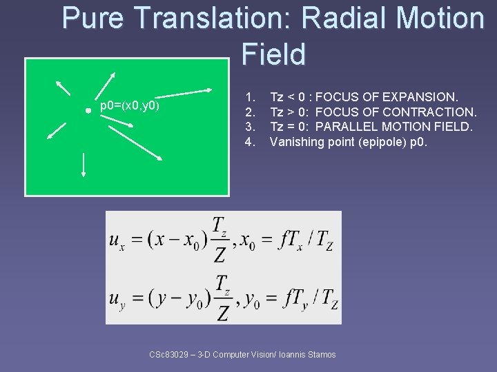 Pure Translation: Radial Motion Field p 0=(x 0, y 0) 1. 2. 3. 4.
