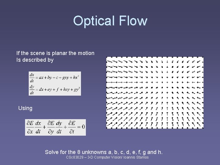 Optical Flow If the scene is planar the motion Is described by Using Solve