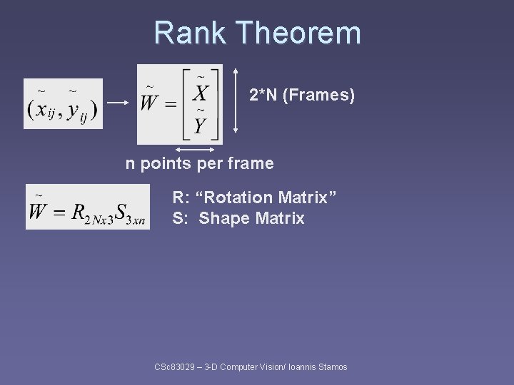 Rank Theorem 2*N (Frames) n points per frame R: “Rotation Matrix” S: Shape Matrix