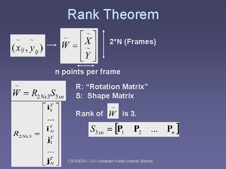 Rank Theorem 2*N (Frames) n points per frame R: “Rotation Matrix” S: Shape Matrix