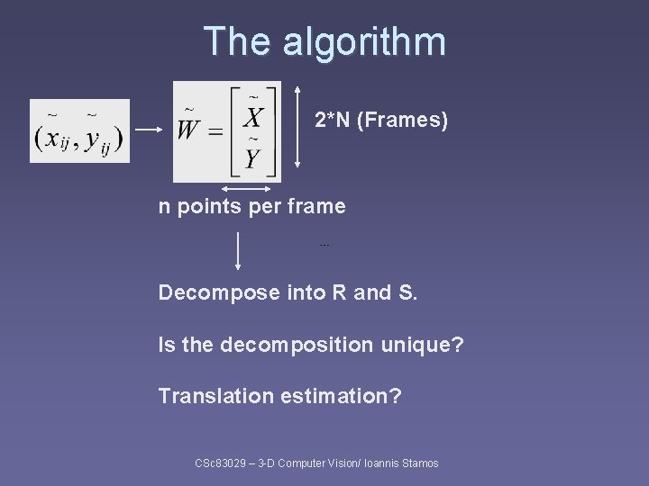 The algorithm 2*N (Frames) n points per frame Decompose into R and S. Is