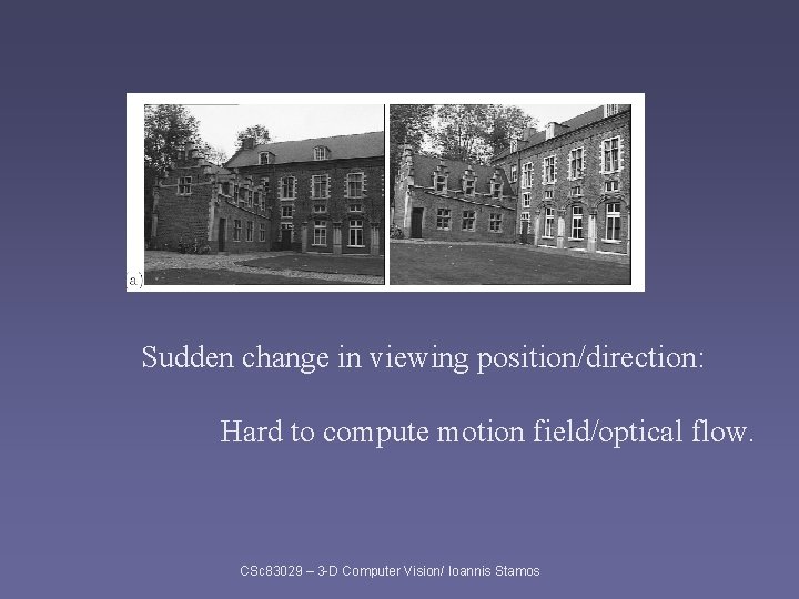 Sudden change in viewing position/direction: Hard to compute motion field/optical flow. CSc 83029 –