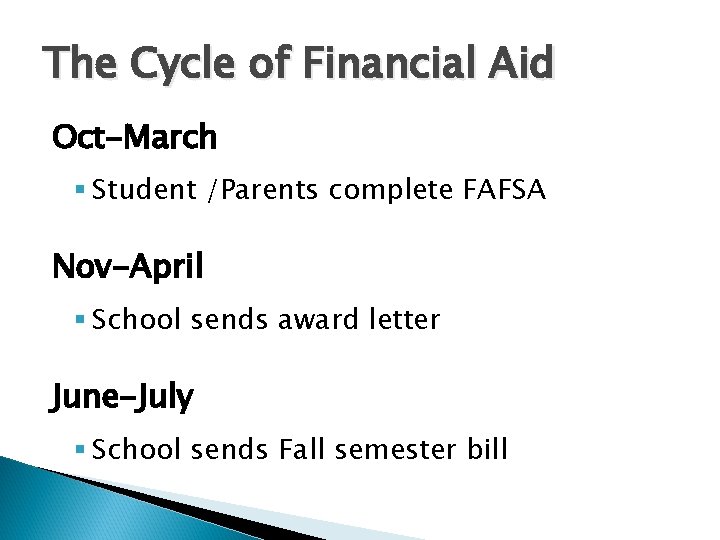 The Cycle of Financial Aid Oct-March § Student /Parents complete FAFSA Nov-April § School The Cycle of Financial Aid Oct-March § Student /Parents complete FAFSA Nov-April § School