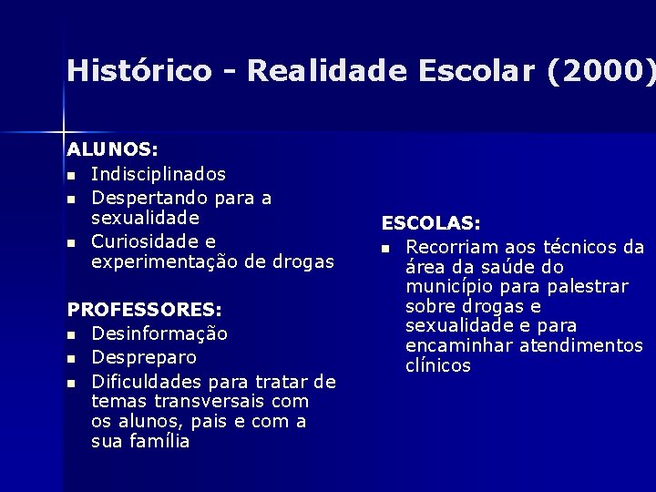 Histórico - Realidade Escolar (2000) ALUNOS: n Indisciplinados n Despertando para a sexualidade n