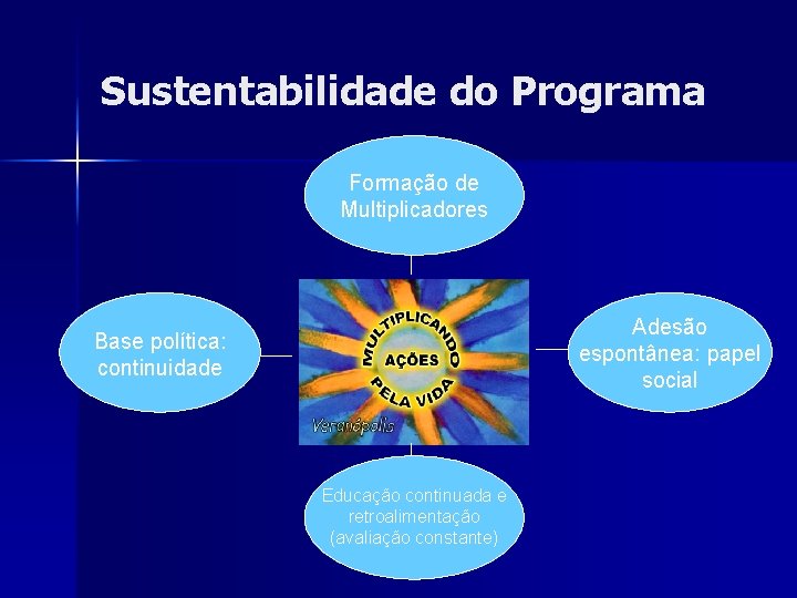 Sustentabilidade do Programa Formação de Multiplicadores Adesão espontânea: papel social Base política: continuidade Educação