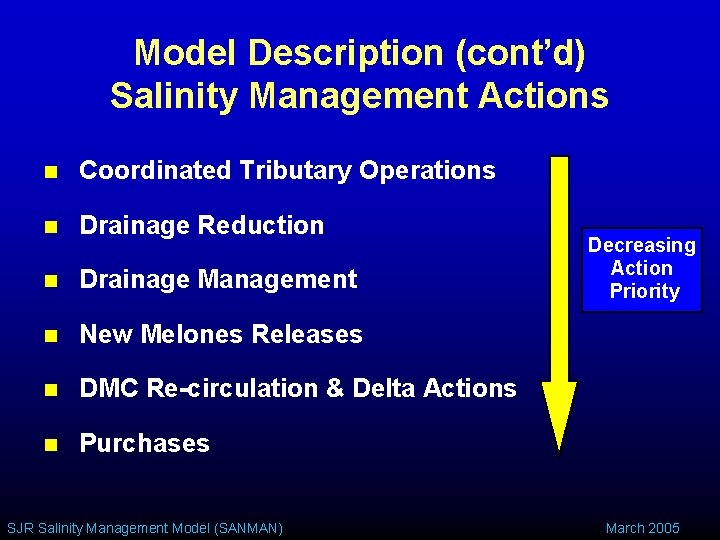 Model Description (cont’d) Salinity Management Actions n Coordinated Tributary Operations n Drainage Reduction n