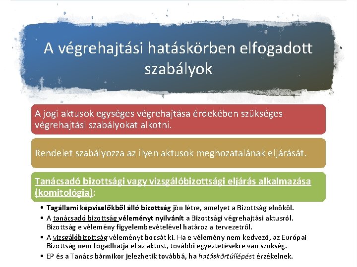 A végrehajtási hatáskörben elfogadott szabályok A jogi aktusok egységes végrehajtása érdekében szükséges végrehajtási szabályokat