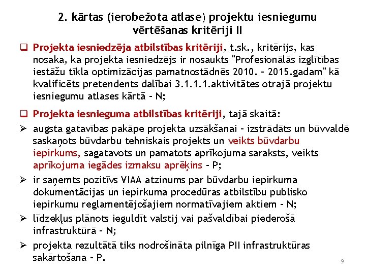 2. kārtas (ierobežota atlase) projektu iesniegumu vērtēšanas kritēriji II q Projekta iesniedzēja atbilstības kritēriji,