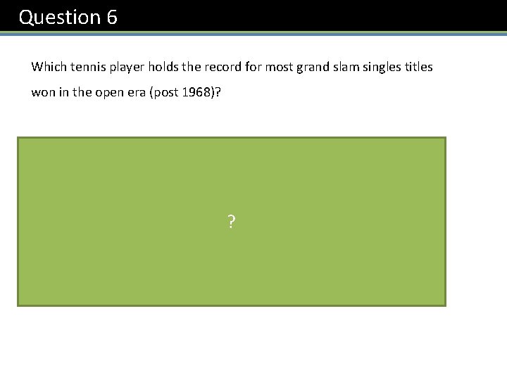 Question 6 Which tennis player holds the record for most grand slam singles titles