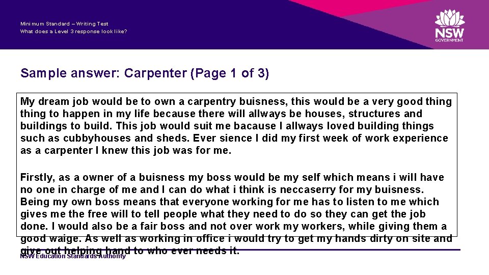 Minimum Standard – Writing Test What does a Level 3 response look like? Sample