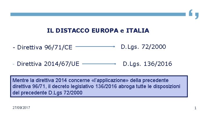 IL DISTACCO EUROPA e ITALIA - Direttiva 96/71/CE - Direttiva 2014/67/UE D. Lgs. 72/2000