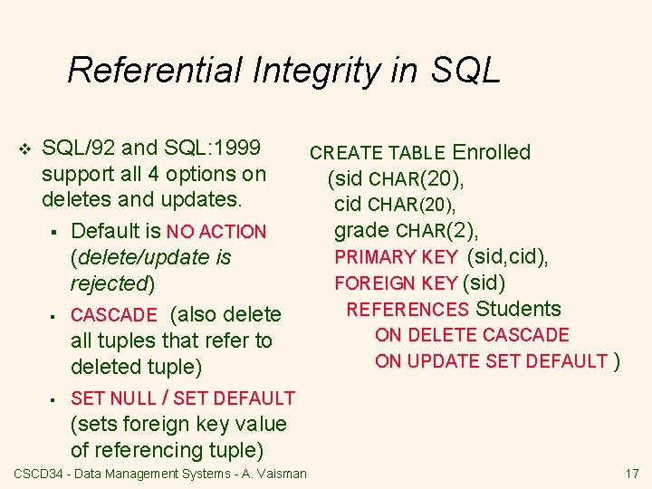 Referential Integrity in SQL v SQL/92 and SQL: 1999 CREATE TABLE Enrolled support all