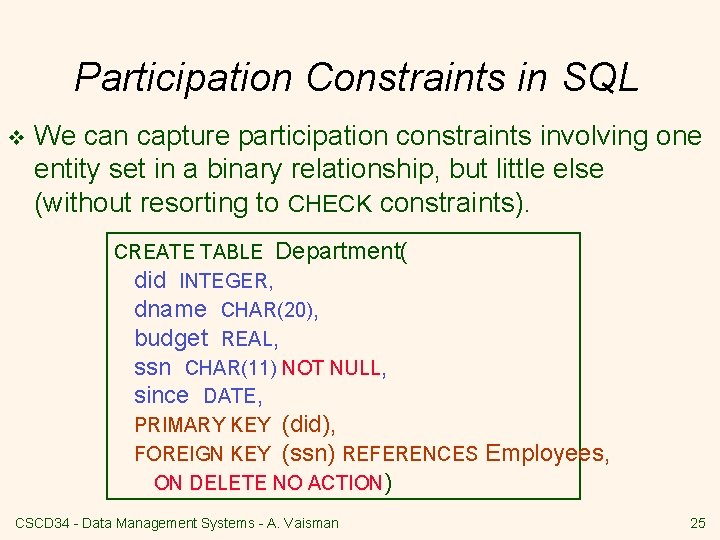 Participation Constraints in SQL v We can capture participation constraints involving one entity set