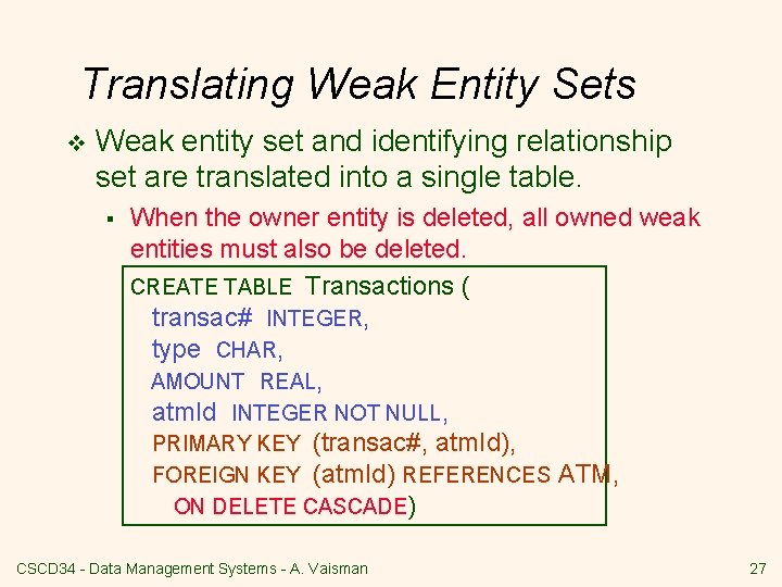 Translating Weak Entity Sets v Weak entity set and identifying relationship set are translated