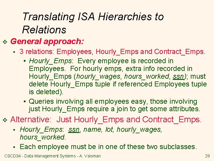 Translating ISA Hierarchies to Relations v General approach: § v 3 relations: Employees, Hourly_Emps