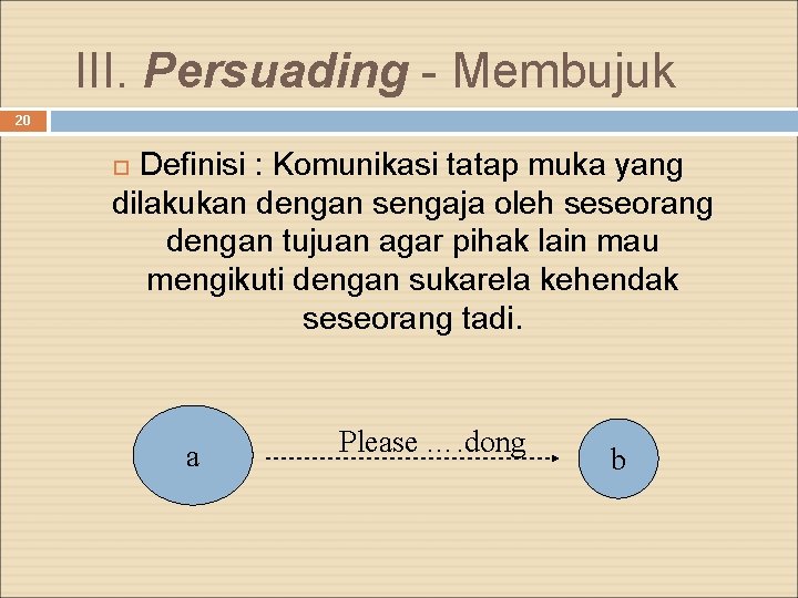 III. Persuading - Membujuk 20 Definisi : Komunikasi tatap muka yang dilakukan dengan sengaja