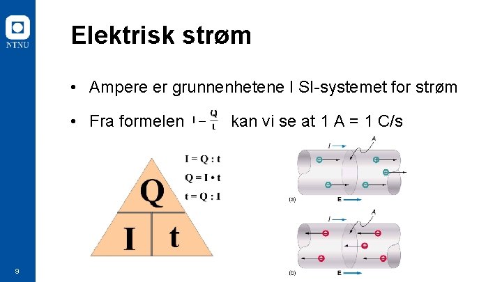 Elektrisk strøm • Ampere er grunnenhetene I SI-systemet for strøm • Fra formelen 9