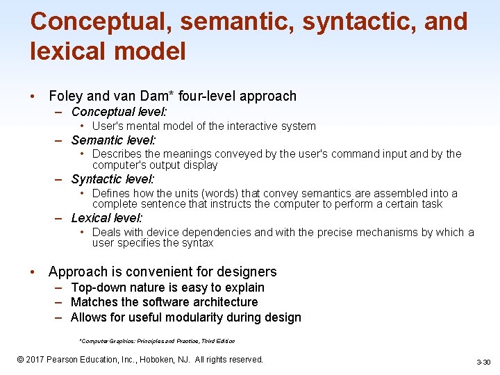 Conceptual, semantic, syntactic, and lexical model • Foley and van Dam* four-level approach –
