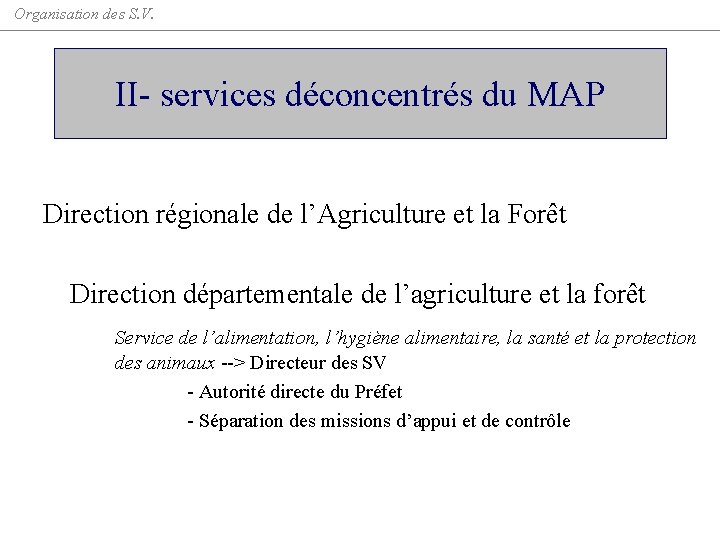 Organisation des S. V. II- services déconcentrés du MAP Direction régionale de l’Agriculture et
