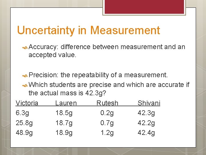 Uncertainty in Measurement Accuracy: difference between measurement and an accepted value. Precision: the repeatability