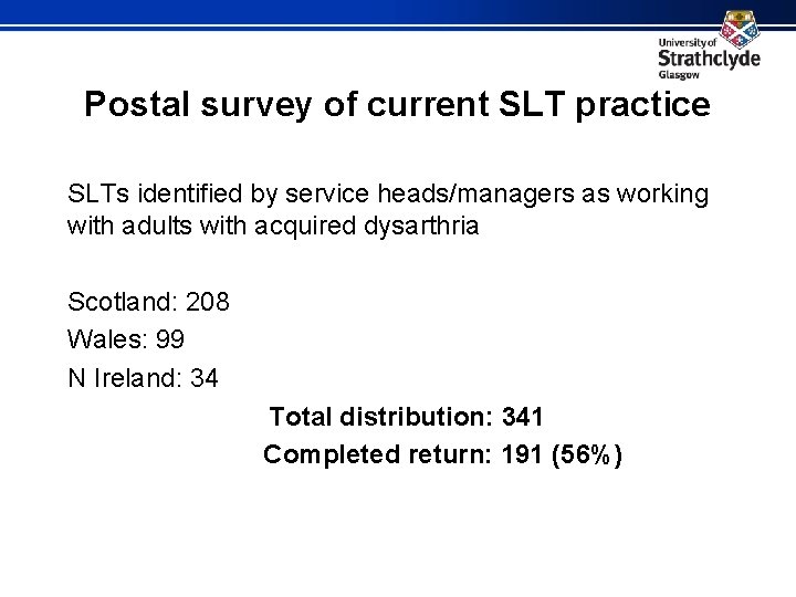 Postal survey of current SLT practice SLTs identified by service heads/managers as working with