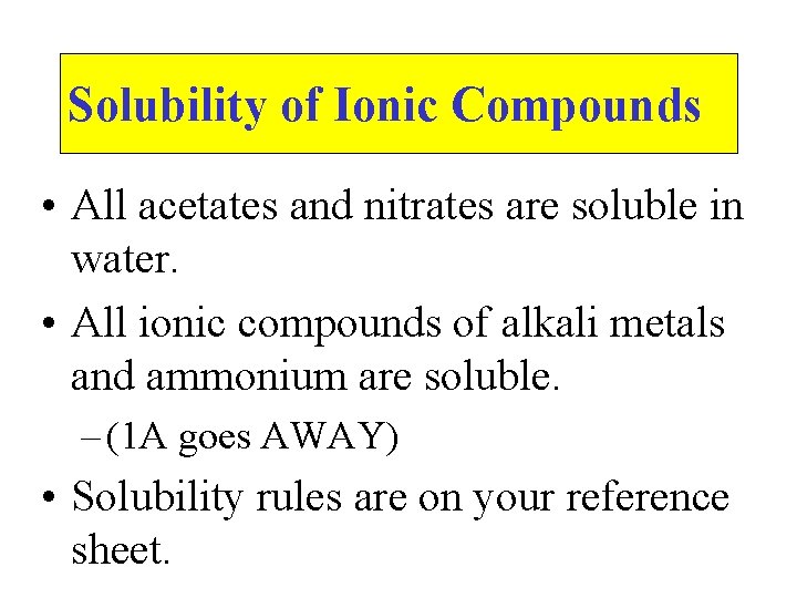 Solubility of Ionic Compounds • All acetates and nitrates are soluble in water. •