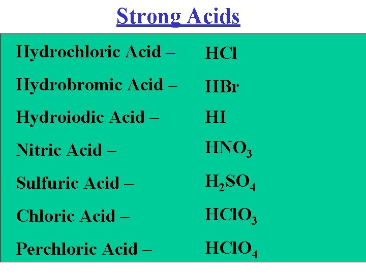 Strong Acids Hydrochloric Acid – HCl Hydrobromic Acid – HBr Hydroiodic Acid – HI