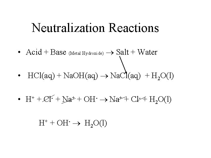 Neutralization Reactions • Acid + Base (Metal Hydroxide) Salt + Water • HCl(aq) +