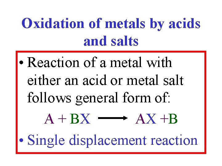Oxidation of metals by acids and salts • Reaction of a metal with either
