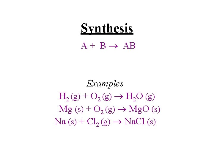 Synthesis A + B AB Examples H 2 (g) + O 2 (g) H