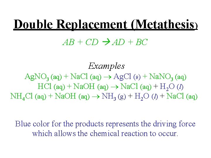 Double Replacement (Metathesis) AB + CD AD + BC Examples Ag. NO 3 (aq)