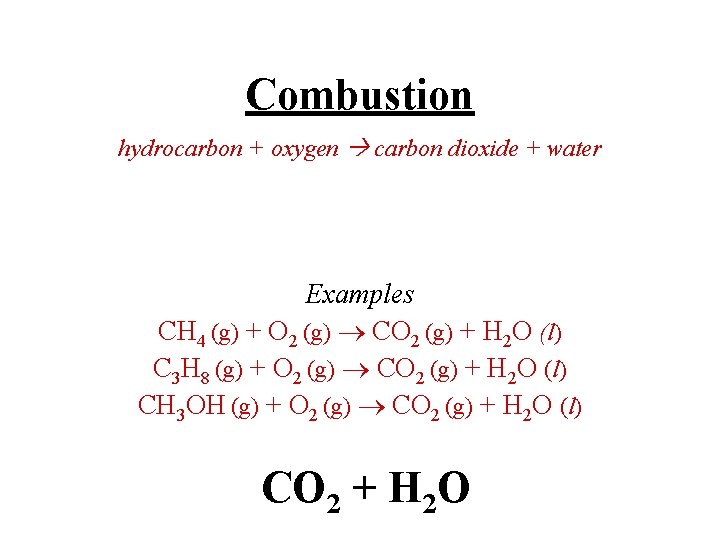 Combustion hydrocarbon + oxygen carbon dioxide + water Examples CH 4 (g) + O