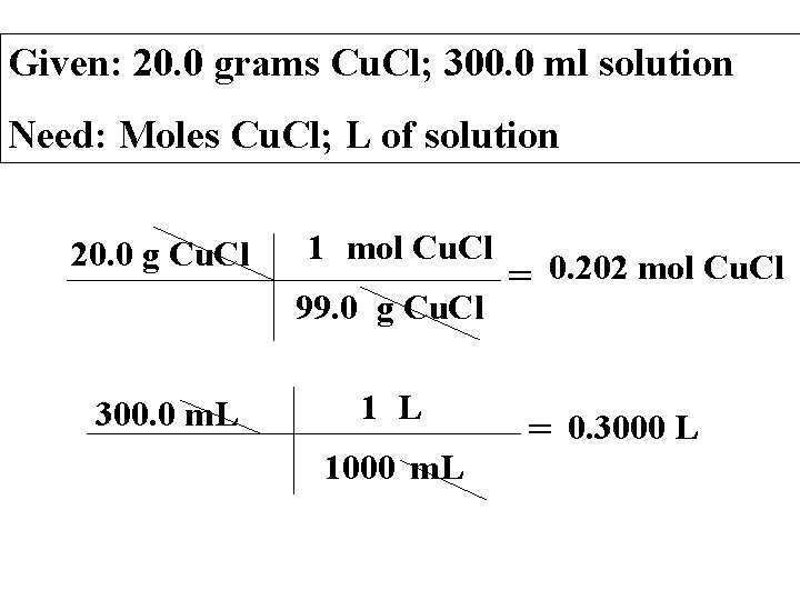 Given: 20. 0 grams Cu. Cl; 300. 0 ml solution Need: Moles Cu. Cl;