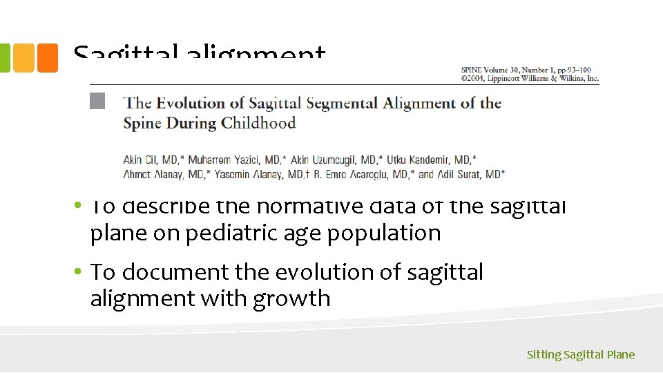 Sagittal alignment • Planning of the 3 D reconstruction of the spine – Normative