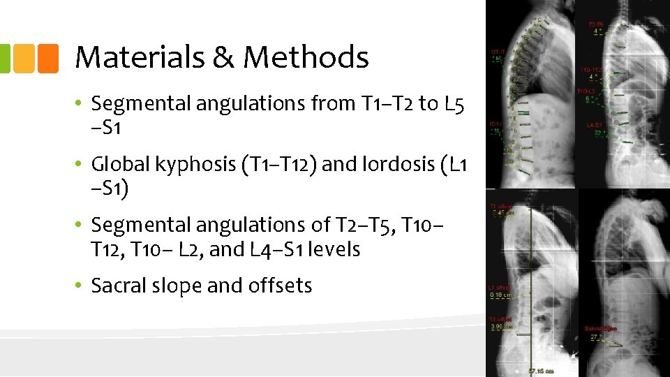 Materials & Methods • Segmental angulations from T 1–T 2 to L 5 –S