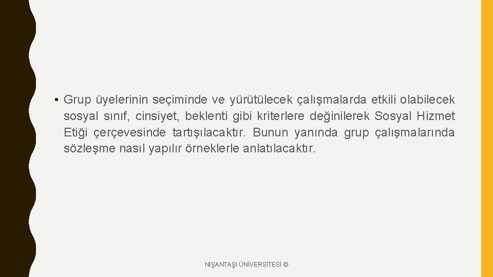  • Grup üyelerinin seçiminde ve yürütülecek çalışmalarda etkili olabilecek sosyal sınıf, cinsiyet, beklenti